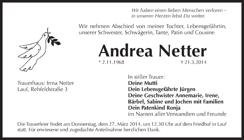  Traueranzeige für Andrea Netter vom 26.03.2014 aus Pegnitz-Zeitung
